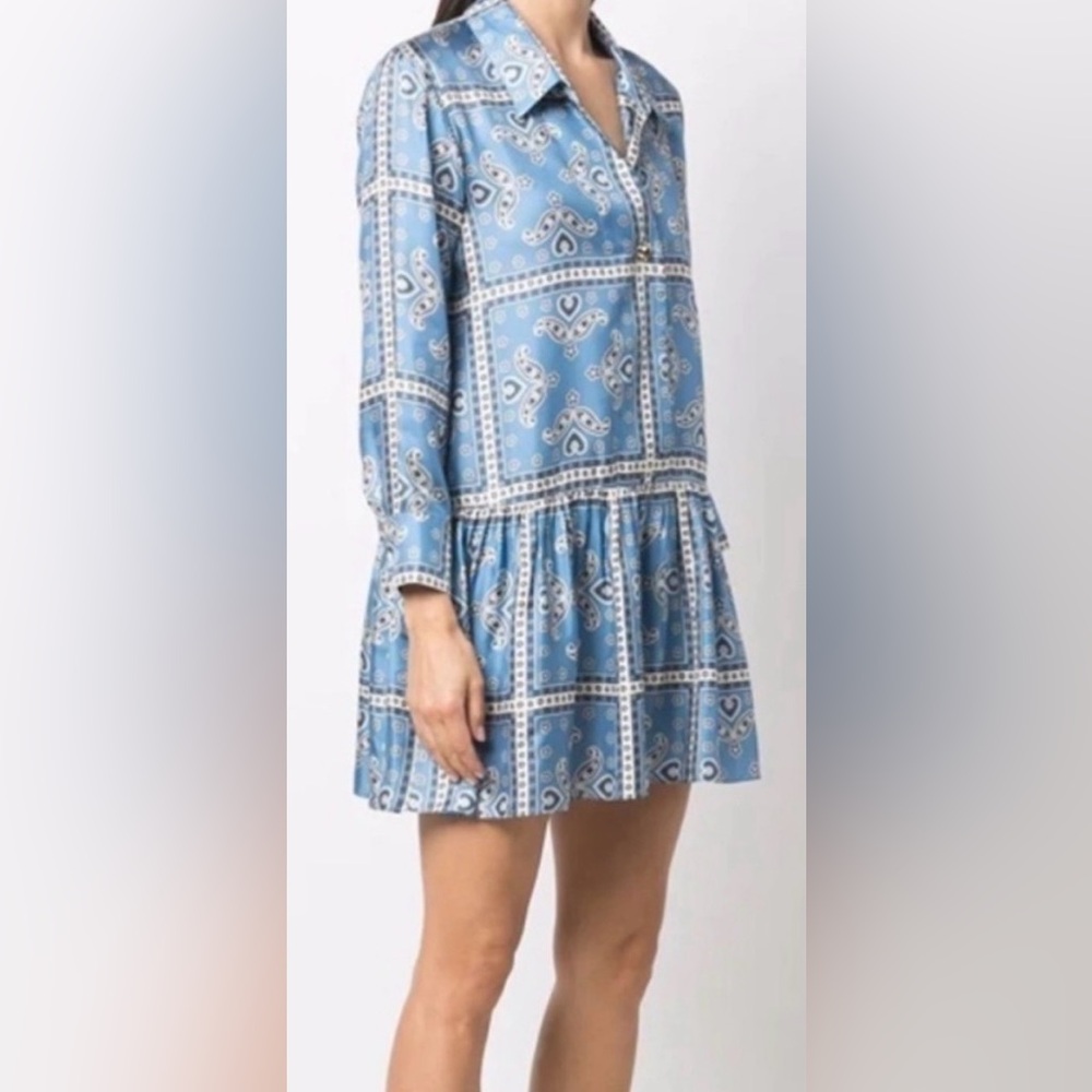 Sandro Blue Paisley Long Sleeve Collared Chloe Silk Mini Dress **Size 40/US 8** - Picture 3 of 12